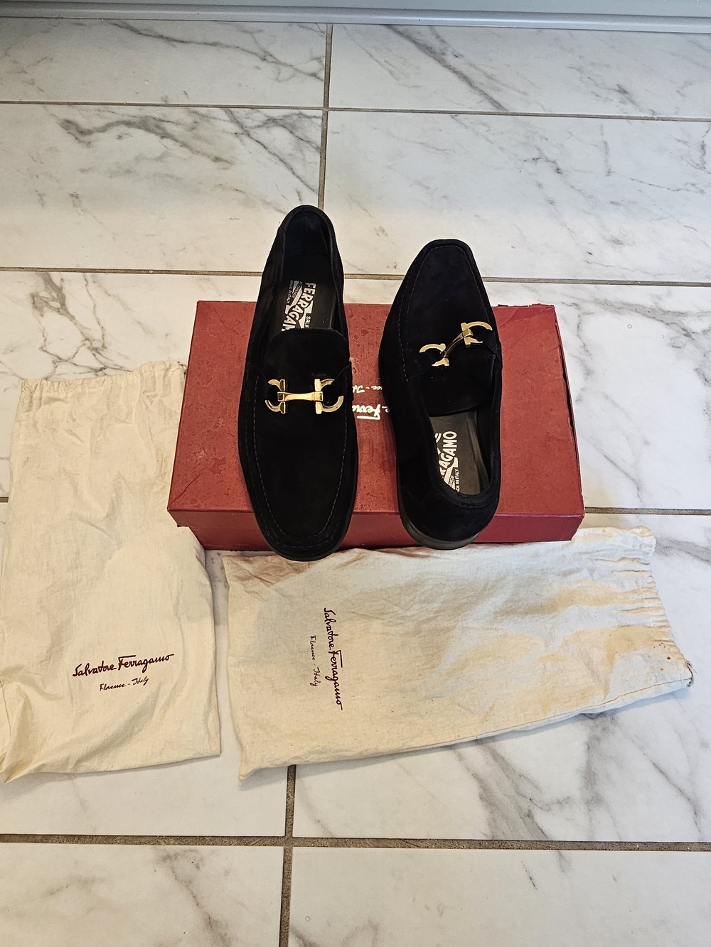 Salvatore Ferragamo Black Suede Loafers with Gold Horsebit
